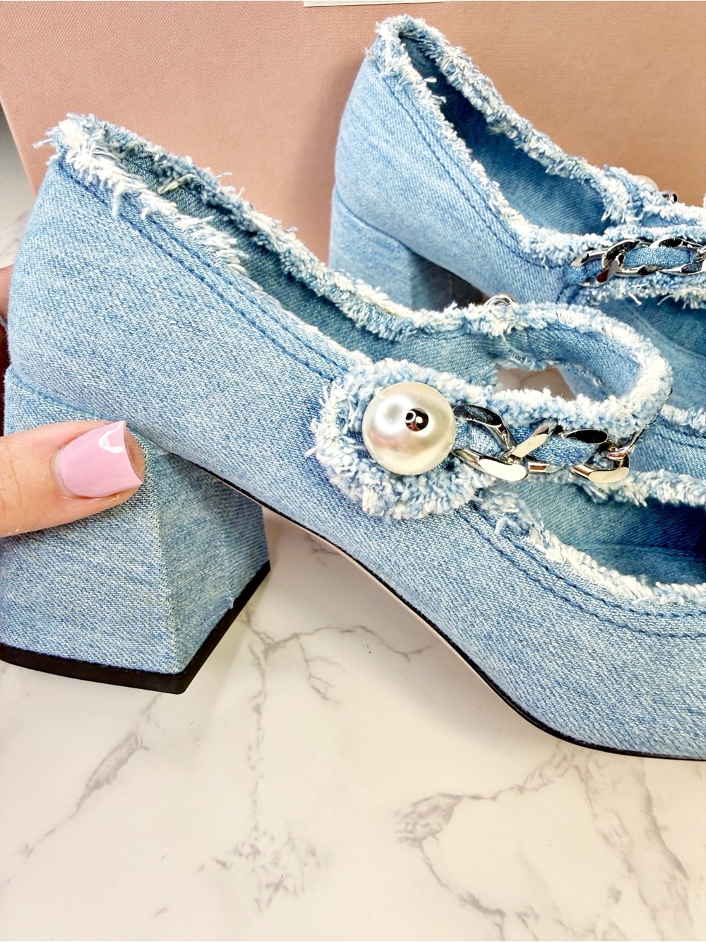 Miu Miu Decollette Denim Mary Jane Block Heels with Pearl Chain - Picture 9 of 15
